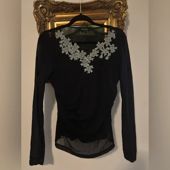 Karen Kane Black Blouse with Floral Embroidery - Picture 1 of 7